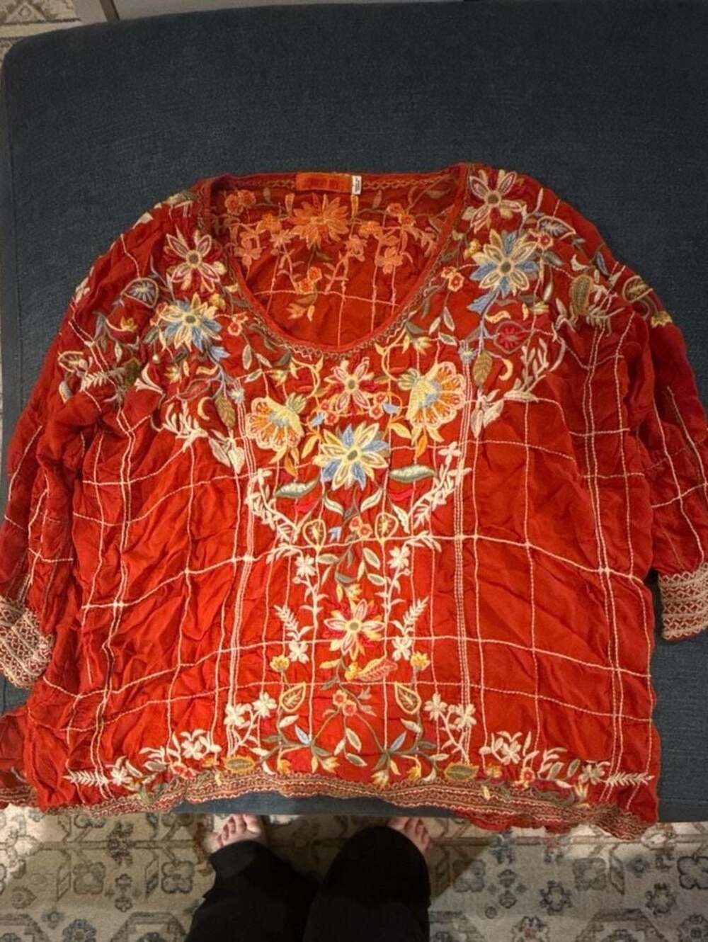 Johnny Was Red Embroidered Grid Floral Tunic Blouse Size L